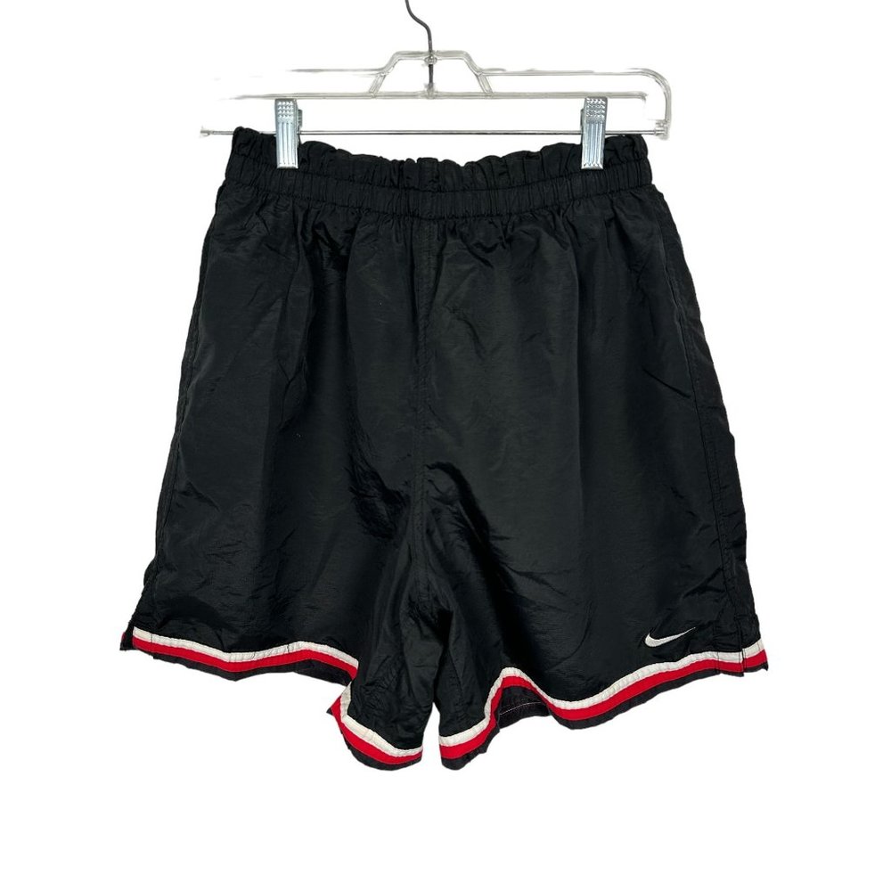 Vintage Nike Medium‎ Basketball Shorts Gym Red Swoosh Black Logo Pull On Mens
